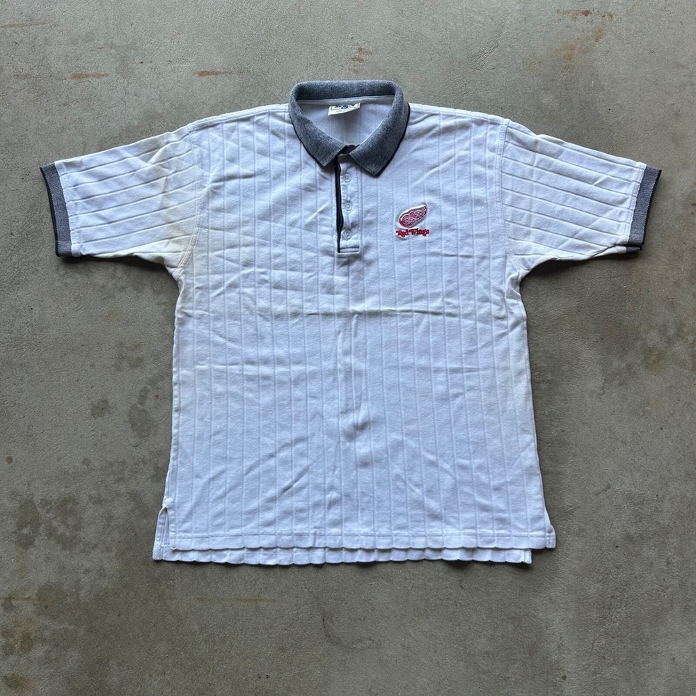 Vintage 90s Detroit Red Wings Shirt Size XL White Short Sleeve Polo Hockey NHL